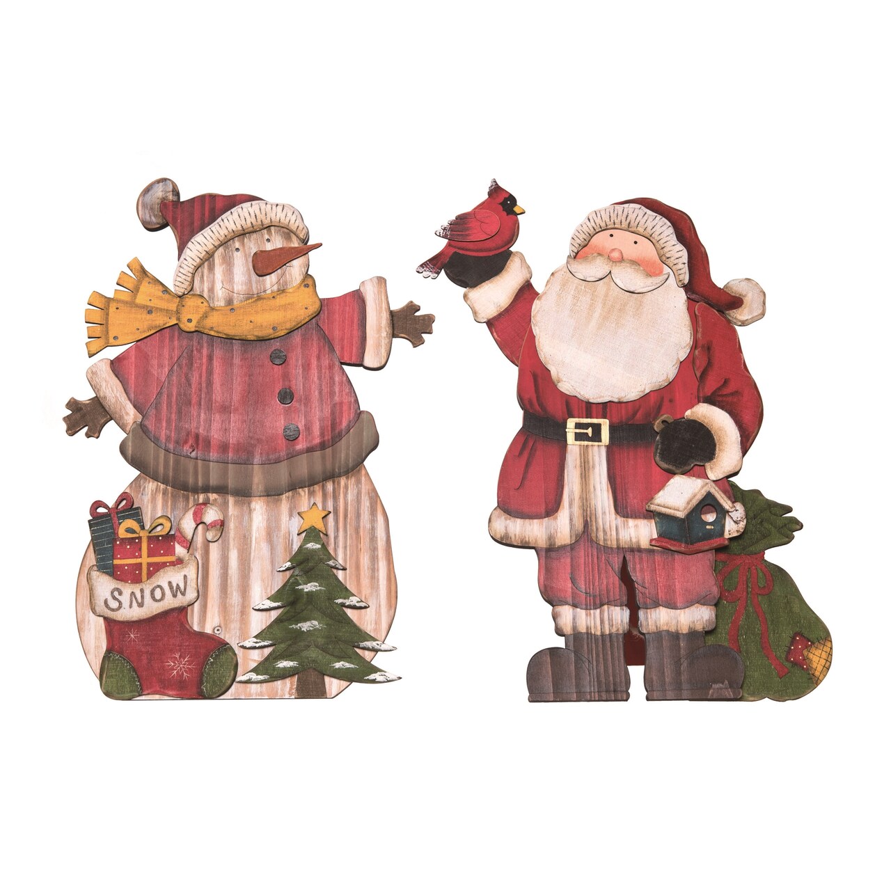 Plywood Merry Snowman and Santa Decor Set of 2 Christmas Figurines